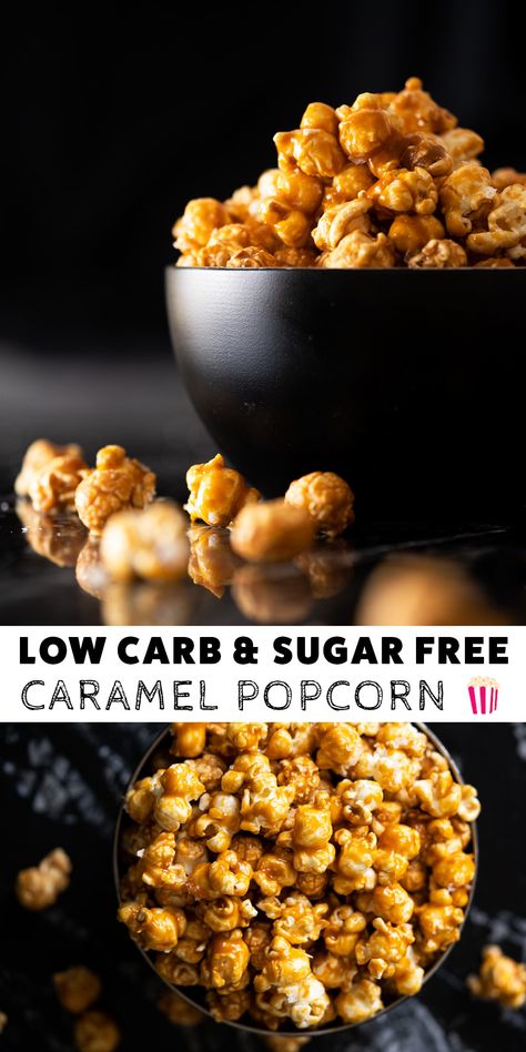 Keto Caramel Popcorn, Healthy Caramel Popcorn, Sugar Free Caramel, Christmas Keto, Thm Snacks, Popcorn Recipes Easy, Gf Sweets, Popcorn Recipes Caramel, Keto Baking