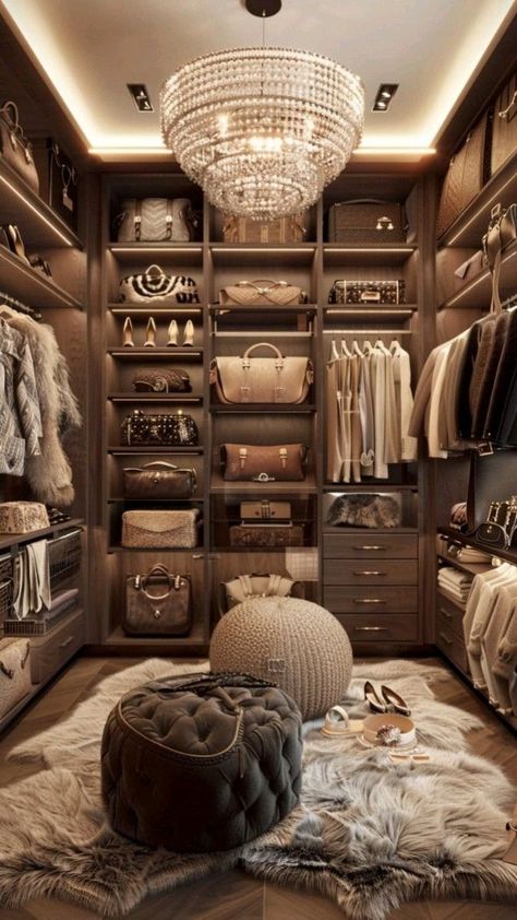 Dark Wood Closet Walk In, Walk In Closet Dark Wood, Her Closet Ideas, Woman Walk In Closet, Celebrity Walk In Closet, Closet Designs For Women, Cute Walk In Closet Ideas, Dark Moody Walk In Closet, Large Walk In Closet Design