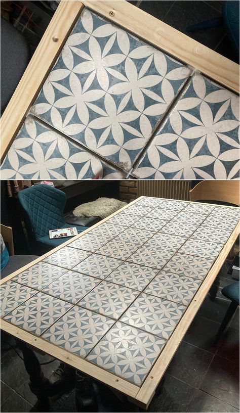 How to tile a dining table DIY using geo blue white tiles Tile Patio Table, Dining Table Diy, Mosaic Patio Table, Diy Garden Table, Mosaic Tile Table, Tile Top Tables, How To Tile, Tile Tables, Wood Table Diy