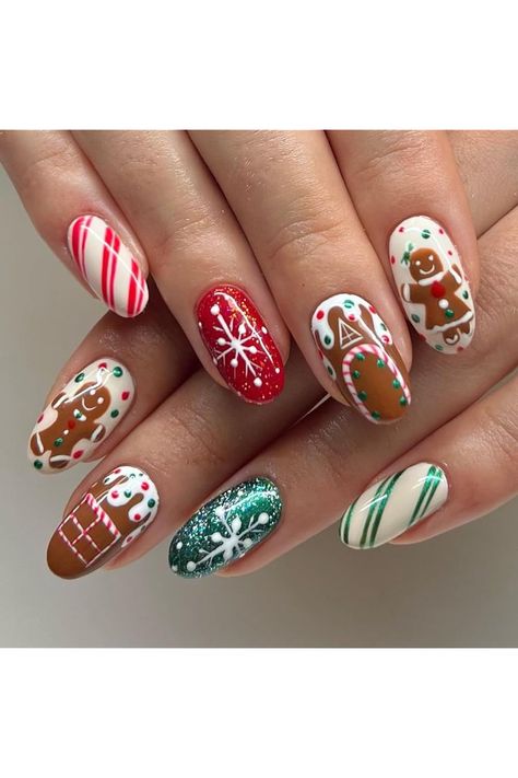 24Pcs Christmas Press on Nails Almond Fake Nails Gingerbread Man False Nails with Stripe Snowflake Design Full Cover Medium Glossy Xmas Nails Winter Acrylic Nails for Women New Year Manicure Decoratio Nail Art Noel, Fake Nails White, Halloween Fest, Cute Christmas Nails, Her Nails, Snowflake Nails, Festival Nails, Xmas Nails, Christmas Nail Designs