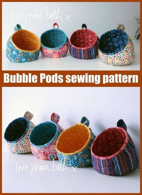 The designer of this sewing pattern, Love From Beth, named these storage containers Bubble Pods, and you can see why. They are simple to make and you don’t need very much fabric. All you will need is two of your favorite fat quarters to make one Bubble Pod, with some leftover. These will make great … Storage For Sewing Patterns, Fabric Bubble Baskets, Fabric Containers To Sew, Sewing That Sells, Sewing Projects Fat Quarter, Fabric Storage Baskets Pattern, Quarter Yard Sewing Projects, Bathroom Sewing Projects, Trending Sewing Projects