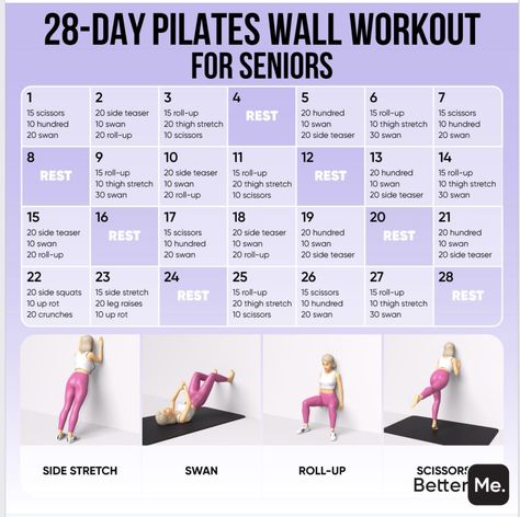 28 Day Wall Pilates Challenge For Seniors, Wall Pilates Workout For Beginners Free Chart, Pilates Workout For Seniors, 28 Day Wall Pilates Challenge Free Chart, Wall Workouts For Women, Wall Workouts, Pilates Wall Workout, Pilates Wall, Wall Pilates Workout