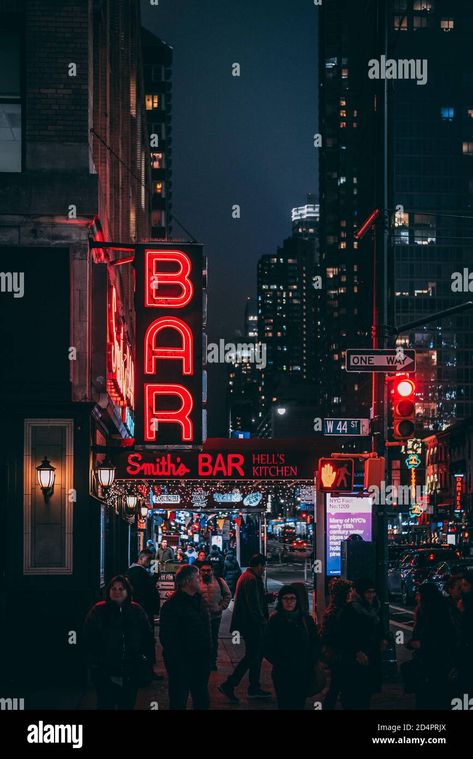 Hells Kitchen Nyc, New York City Bars, Manhattan Night, Bar Neon Sign, New York City Night, City Streets Photography, New York Bar, Nyc Night, New York Wallpaper