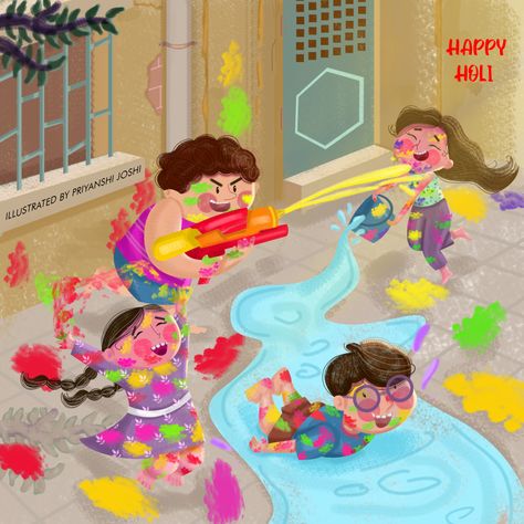 Indian Festival Holi, kids playing Holi Holi Scene Drawing, Holi Playing, Holi Stickers, Holi Illustration, Holi Creative, Holi Card, Holi Pichkari, Holi Painting, Holi Pics