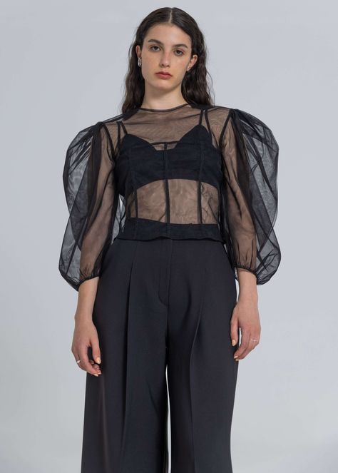 Sheer Blouse Outfit, Black Tulle Top, Puffy Sleeves Top, Tulle Blouse, Layering Style, Leg Of Mutton Sleeve, Party Blouse, Corset Pattern, Black Sheer Blouse