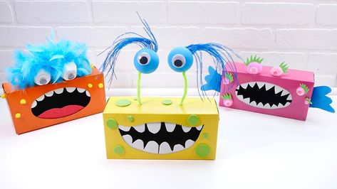 Tissue Box Monster Kleenex Box Crafts, Box Monster, Tissue Box Crafts, Make Your Own Monster, Halloween Craft Activities, Spooky Halloween Crafts, Phonological Awareness Activities, Monster Valentines, Monster Box