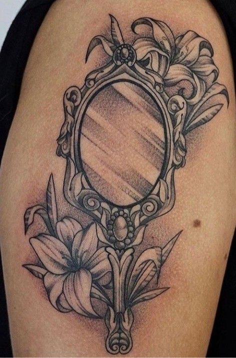 Mermaid Mirror Tattoo, Vine Frame Tattoo, Vintage Hand Held Mirror Tattoo, Hand Mirror Tattoo Design, Vintage Hand Mirror Tattoo, Handheld Mirror Tattoo, Antique Mirror Tattoo, Mirror Tattoo Design, Oshun Tattoo