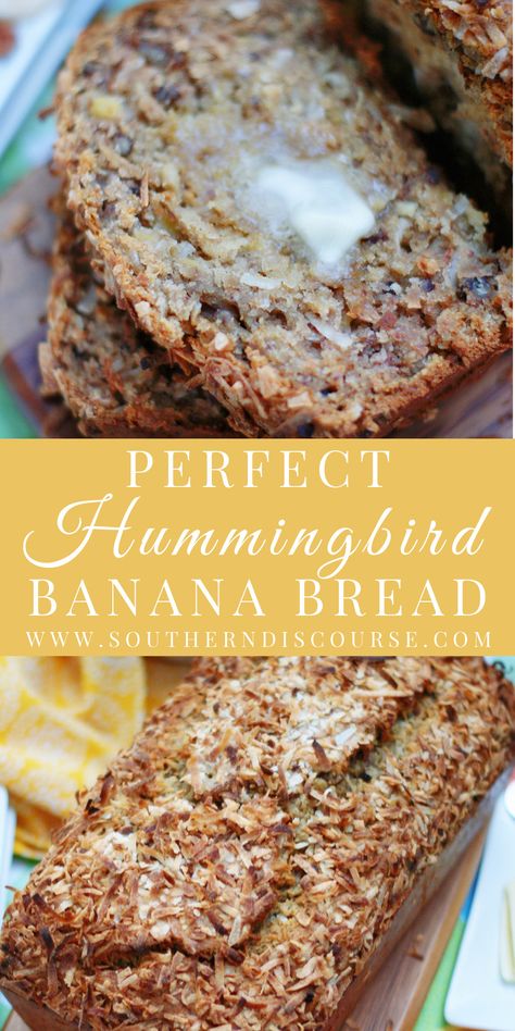 Hummingbird Banana Bread with Toasted Coconut - southern discourse Loaded Banana Bread Recipe, Banana Pineapple Coconut Bread Hummingbird Cake, Banana Quick Bread Recipes, Tropical Banana Bread, Banana Pineapple Coconut Bread, Hummingbird Loaf Cake, Hummingbird Bread Recipe, Pineapple Quick Bread, Bread Loafs