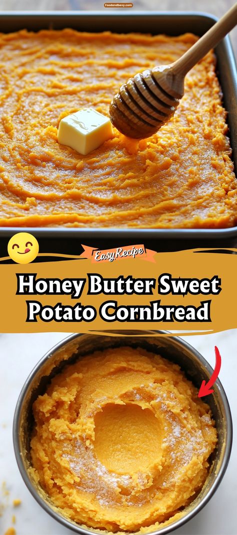 Elevate your comfort food game with Honey Butter Sweet Potato Cornbread. This unique recipe combines the natural sweetness of sweet potatoes with the rich, comforting taste of honey butter, resulting in a soft, flavorful cornbread that pairs perfectly with any meal. #SweetPotatoCornbread #ComfortFood #HoneyButter Cinnamon Honey Butter Sweet Potato Cornbread, Honey Butter Sweet Potato Cornbread, Sweet Potato Cornbread Recipes, Honey Butter Cornbread, Best Cornbread Recipe, Sweet Potato Cornbread, Cinnamon Honey Butter, Cornbread Recipes, Food Game