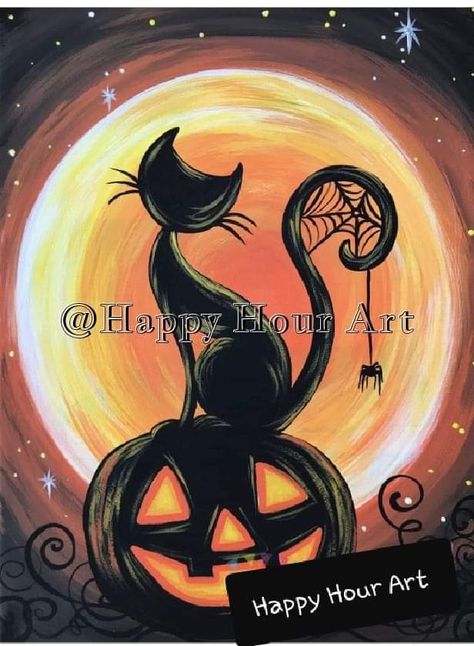 Easy Halloween Paintings, Silhouette Paint, Moon Pumpkin, Halloween Canvas Paintings, Lantern Silhouette, Paint Night Ideas, Paint Party Ideas, Spooky Cat, Work Apron