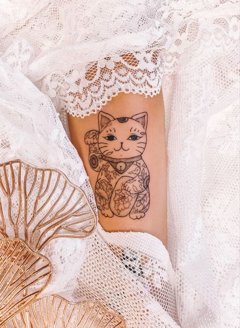 Asian Lucky cat tattoo with vietnamese chinese porcelain inspired tattoos Asian Cat Tattoo, Chinese Cat Tattoo, Fortune Cat Tattoo, Porcelain Tattoo, Lucky Cat Tattoo, Good Luck Today, Asian Cat, Inspired Tattoos, Cat Tattoo Designs