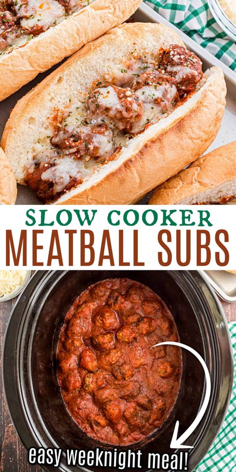 Easy, Italian Meatball Sub Sandwich recipe made from homemade meatballs, delicious marinara sauce, served toasted with extra cheese! The perfect weeknight dinner. Crock Pot Meatball Subs, Cheesy Sandwiches, Crockpot Meatball Subs, Crockpot Meatball, Meatball Sub Sandwiches, Wraps Ideas, Meatball Sub Recipe, Meatball Sub, Crock Pot Meatballs