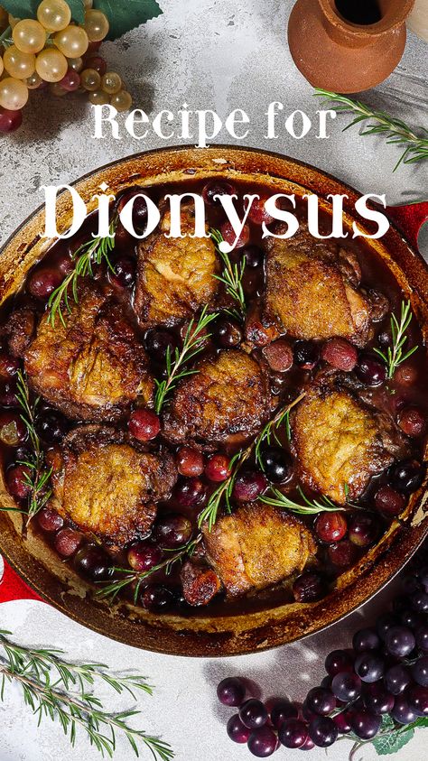 Combine your love of cooking with your love of Greek Mythology with this series of recipes inspired by the gods and goddesses of Ancient Greece. In honour of Dionysus, the God of the vine, prepare this slow-braised chicken dish with red wine, grapes, honey and rosemary. This decadent recipe is perfect for your next Bacchanalia! Meat Pie Recipe, Ancient Recipes, Braised Chicken, Swedish Meatballs, Meat Pie, Fresh Meat, Chicken Dishes Recipes, Poultry Recipes, Greek Recipes