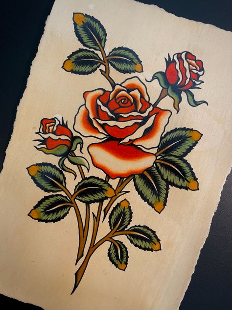 American Trad Rose, Classic Rose Tattoo, American Traditional Roses, Traditional Rose With Stem Tattoo, Tradition Rose Tattoo, Old School Rose Drawing, Traditional Rose Tattoo Flash, American Traditional Rose With Stem, Trad Flower Tattoo