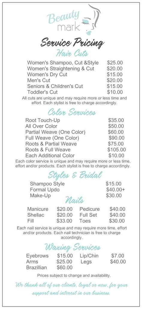 Salon Service Menu w/ diff. haircut options Haircut Options, Hair Salon Prices, Salon Business Plan, Salon Hairstyles, Small Salon, Hair Salon Business, Salon Price List, Hair Salon Decor, Beauty Salon Design