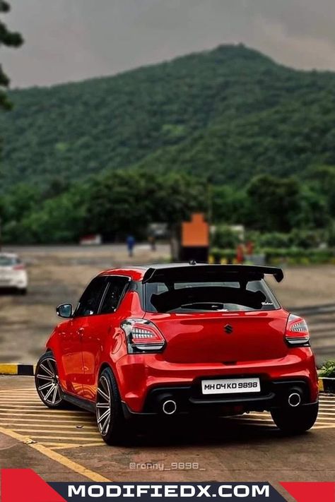 Swift with Alloy wheels and big spoiler Swift Alloy Wheels, Suzuki Cars Models, Car Modification Ideas Design, Suzuki Swift Aesthetic, Swift Car Modified, Suzuki Swift Modified, Suzuki Swift Tuning, Swift Modified, Cars Modification