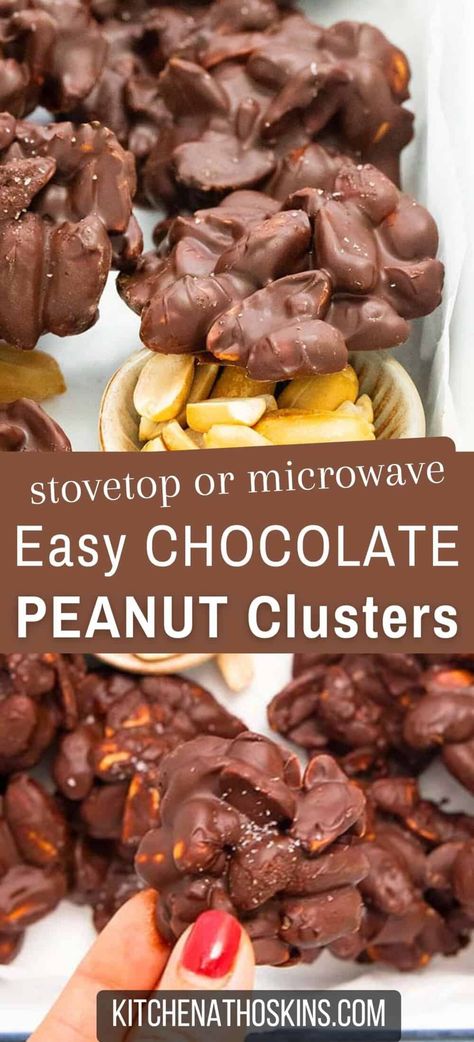 Learn how to make best ever chocolate peanut clusters using chocolate chips in microwave or stovetop and without marshmallows. This easy 2 ingredient Christmas candy is perfect for holidays as homemade Christmas treats. Get the easy peanut clusters recipe at kitchenathoskins.com. Easy Peanut Clusters, Peanut Clusters Recipe, Homemade Christmas Treats, Chocolate Nuts Clusters, Clusters Recipe, Chocolate Peanut Clusters, Chocolate Clusters, Peanut Clusters, Chocolate Shortbread Cookies