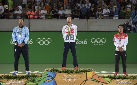 Murray stood tall on the podium as he was joined by silver medallist del Potro, left, and bronze medallist Kei Nishikori, right Serena And Venus Williams, Max Whitlock, Olympic Podium, Olympic Gold Medals, Andy Murray, Venus Williams, Sports Day, Strictly Come Dancing, Rio 2016