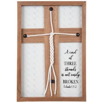 Full Text: 	 A Cord Of Three Strands Is Not Easily Broken, Ecclesiastes 4: 9-12 Details: 	 Dimensions: 15" H x 10.25" W x 1.39" D 	 Material: Wood, Glass & Rope 	 Shape: Rectangle 	 Color: Brown, White & Black 	 Orientation: Vertical 	 Includes: 1 - Keyhole Slot & 1 - Easel Back 	 Quantity: 1 Display your love for Him at your wedding with this Ecclesiastes 4: 9-12 Wood Decor. This wood-framed piece boasts a white woven background and a wooden cross in the middle. Three white rope strands meet in Cord Of Three Strands, Western Themed Wedding, Unity Candles, Sand Candles, Love For Him, White Rope, July Wedding, Unity Candle, Future Wedding Plans