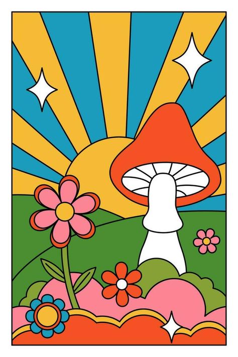 70s, 90s groovy posters, retro print with hippie elements. Cartoon psychedelic landscape with mushrooms and flowers, vintage funky print. Vector illustration. 1970s Artwork, Cartoon Layout, 70s Illustration, Hippie Drawing, Groovy Mushroom, Cartoon Landscape, Altered Clothes, Cartoon Mushroom, Retro Vector