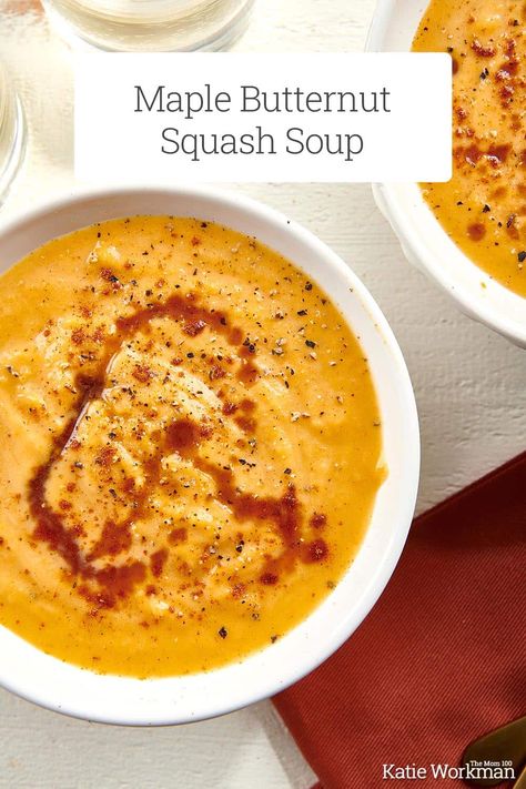 Maple Butternut Squash Soup / Roasted squash turns into the best soup with a touch of maple syrup, ground cinnamon, and cayenne pepper. Butter Squash Soup, Squash Thanksgiving, Maple Butternut Squash, Soup Squash, Holiday Soups, The Best Soup, Butternut Squash Soup Recipe, Best Lunch Recipes, Curried Butternut Squash Soup