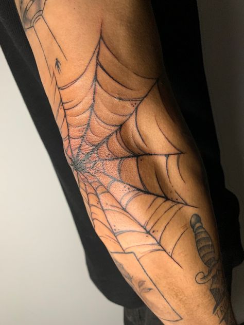 Spider Tattoo Patchwork, Spider Webs Tattoos, Spiderweb Filler Tattoo, 13 Wrist Tattoo, Mens Spider Tattoo, Men Spider Tattoo, Spooky Spine Tattoo, Elbow Spiderweb Tattoo, Spider's Web Tattoo