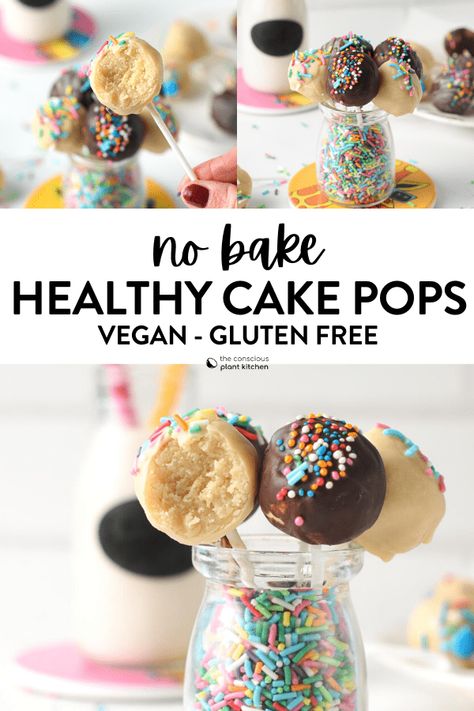 These healthy cake pops are easy no-bake cake pops made with a moist vanilla crumb made with  almond flour, dairy-free yogurt and no refined sugar. Plus, this recipe is fast and ready in 15 minutes, no need to bake a cake for this recipe! Protein Cake Pops, Gluten Free Dairy Free Cake, Vegan Cake Pops, Healthy Cake Pops, Gluten Free Cake Pops, Conscious Plant Kitchen, Hosting At Home, No Bake Cake Pops, Almond Flour Cakes