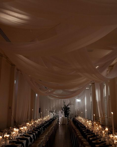 Venue Decorations Birthday, Drapes Wedding Reception, Moody Wedding Ceremony, Draping Wedding Reception, Wedding Table Candles, Engagement Party Dinner, Wedding Personal Touches, Evening Wedding Ceremony, Outdoor Night Wedding