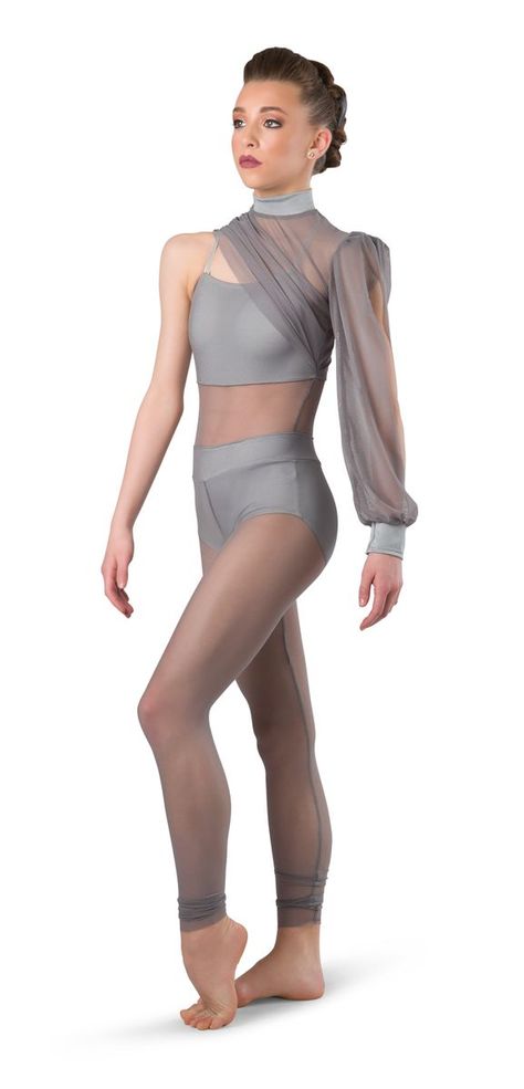 UNITARD WITH ATTACHED ASYMMETRICAL SHRUG: Steel grey mesh and steel grey spandex TRIM: Adjustable straps HEADPIECE INCLUDED SIZES: Child: M-L-XL, Adult: S-M-L-XL Imported Contemporary Dance Dress, Dance Costumes Tap, Dance Class Outfit, Creative Dance, Modern Dance Costume, Cute Dance Costumes, Pretty Dance Costumes, Dance Unitard, Dance Costumes Hip Hop