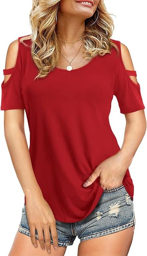 Florboom Women's Casual T Shirt Club Open Shoulder Tunic Top Party Blouse, Red M at Amazon Women’s Clothing store Yoga Kurse, Summer Basics, Basic T Shirts, Casual Shirt Women, Blouse Material, Top Summer, Shoulder Shirts, Flowy Tops, Cold Shoulder Top