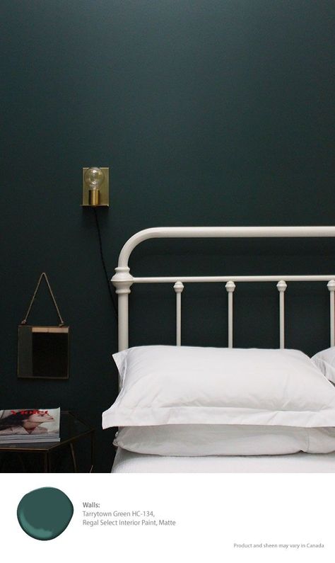 Tarrytown Green, Pantone Azul, White Bed Frame, Dark Walls, Green Interiors, Green Rooms, Bedroom Paint, Bedroom Green, Green Paint