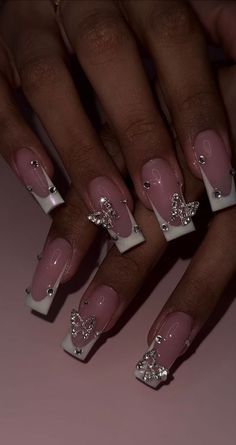 Acrylic Nail Designs For Holiday, Butterfly Gem Nails, French Tip With Butterfly Charm, French Tip Nails With Butterfly Charm, Acrylic Nails With Butterfly Charm, Butterflies Nails Acrylics, Butterfly Nail Charm Designs, Scorpio Szn, Pink Nails With Butterfly Charm