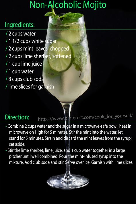 Homemade Mojitos Recipes, Mojito Recipe Non Alcoholic, Resep Mojito, Non Alcoholic Mojito, Fruit Drinks Recipes, Bartender Drinks Recipes, Cold Drinks Recipes, Mojito Ingredients, Mojito Drink