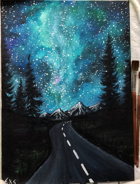 Mountain road, acrylic painting Road Oil Painting, Road At Night Painting, Road Acrylic Painting, Acrylic Road Painting, Road Painting Ideas, Night Road Painting, Mountain Road Painting, Road Painting Easy, Night Mountain Painting