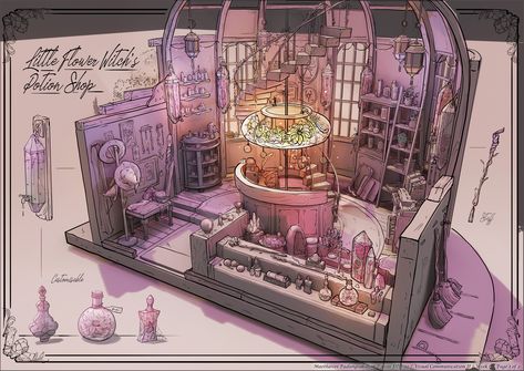 Cutaway Concept Art, Themed Entertainment Design, Potion Shop, Broom Parking, Interior Concept Art, Witch Illustration, Feng Zhu, Fantasy Architecture, Witch Room