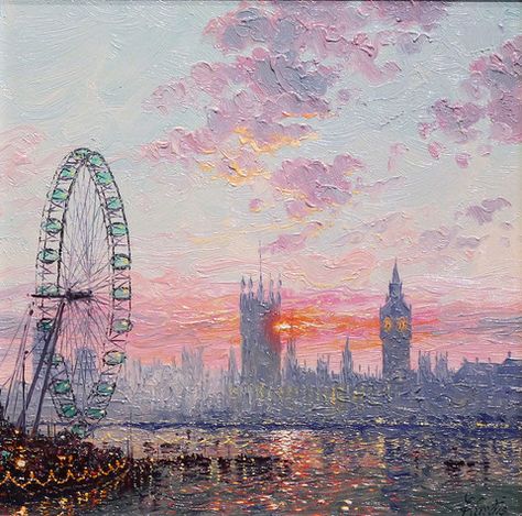 Westminster Through A London Eye - SOLD London Drawing, London Painting, London Cityscape, Fairytale Aesthetic, Skyline Painting, London Artist, Art Terms, London Skyline, Cityscape Art