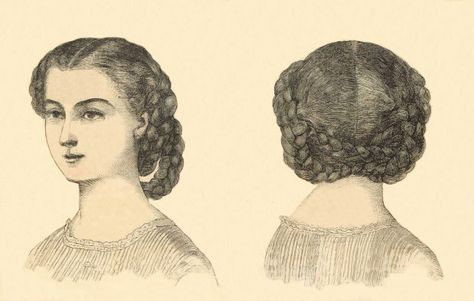 Coiffures, Godey’s Lady’s Book, July 1860 1860s Hairstyles, 19th Century Hairstyles, 19th Century Hair, Edwardian Hats, Basic Hairstyles, Historical Hairstyles, Vintage Hairstyles Tutorial, Victorian Hair, 1860 Fashion