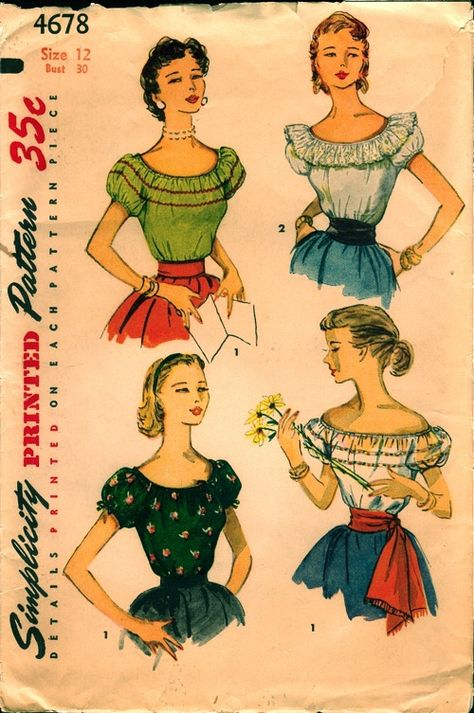 Simplicity 4678 Vintage Blouse Pattern, Peasant Blouses Pattern, Elastic Casing, 1940s Blouse, 1950s Sewing Patterns, Patron Vintage, Dresses Patterns, Sewing Blouses, Vintage Dress Patterns