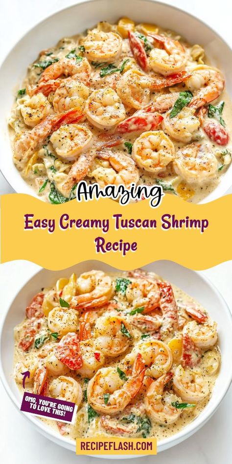 Indulge in this Easy Creamy Tuscan Shrimp Recipe, perfect for a quick weeknight dinner. Succulent shrimp are enveloped in a rich, creamy sauce with sun-dried tomatoes and spinach. Serve over pasta or rice for a satisfying meal that elevates your shrimp recipes to a new level of deliciousness. Shrimp Tuscan Pasta, Shrimp And Spinach Recipes, Shrimp Pasta Recipes Creamy, Creamy Tuscan Shrimp, Shrimp Spinach Pasta, Spinach Tomato Pasta, Tuscan Shrimp, Tuscan Pasta, Creamy Pasta Recipes