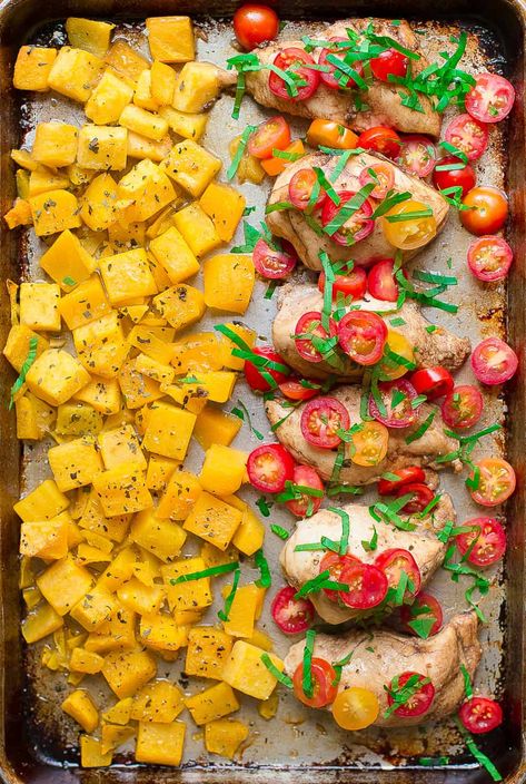 Sheet Pan Bruschetta Chicken - Wholesomelicious Chicken With Butternut Squash, Chicken And Butternut Squash, Bruschetta Chicken, Paleo Meals, Bruschetta Recipe, Healthy Weeknight Meals, Pan Dinners, Whole30 Recipes, Paleo Chicken