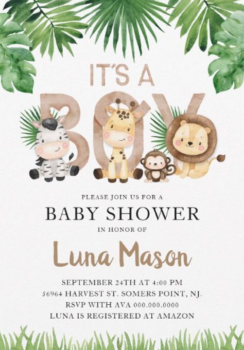 Cute boy baby shower invitations featuring tropical jungle & safari animals design. It's a boy baby shower invites. afflink Zoo Baby Shower Theme, Safari Baby Shower Boy, Baby Shower Party Invitations, Safari Baby Shower Invitations, Animal Baby Shower Invitations, Animals Baby Shower, Baby Shower Invitation Cards, Trendy Wedding Invitations, Jungle Baby Shower