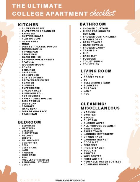 College Apartment Checklist, New Apartment Checklist, First College Apartment, Apartment Necessities, First Apartment Tips, College Bedroom Apartment, First Apartment Essentials, New Home Checklist, First Apartment Checklist