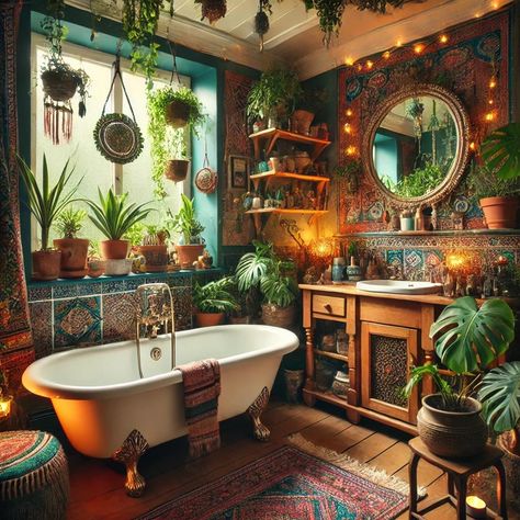 A Bohemian Bathroom Oasis #bohostyle #homedecor #home #inspiration Bathrooms With Character, Ocean Theme Bathroom Ideas, Eccentric Bathroom, Ocean Theme Bathroom, Hippie Bathroom, Witchy Bathroom, Bathroom Bohemian, Colourful Rooms, Upstairs Apartment