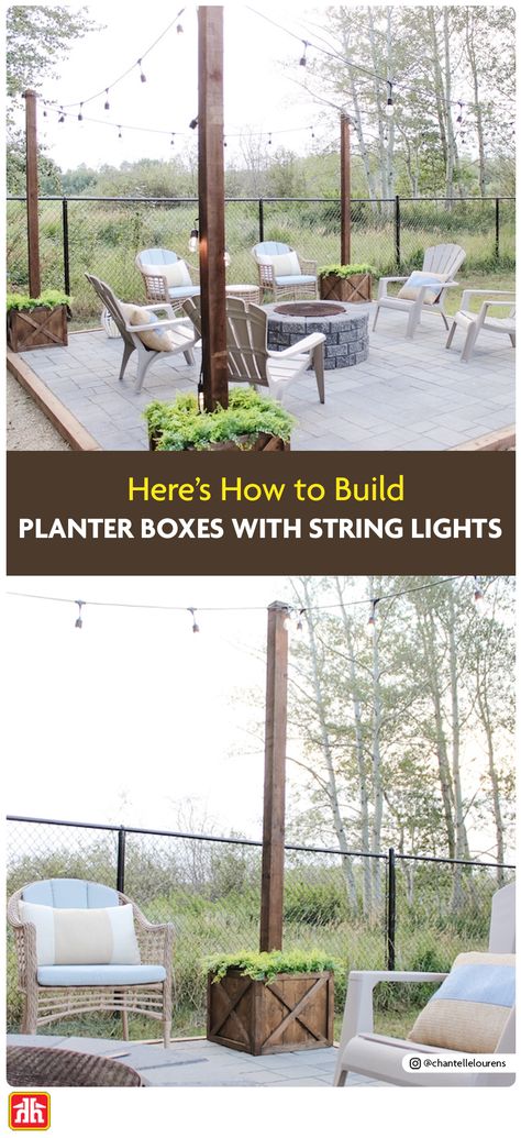 Here's How to Build Planter Boxes with String Light Posts Build Planter Boxes, Diy Planter Boxes, Building Planter Boxes, Minwax Provincial, Light Posts, Provincial Stain, Diy Planter, Diy Planter Box, Fire Pit Patio