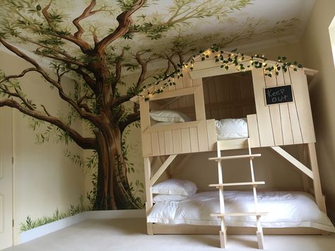 Forest Themed Mural, Toddler Bedroom Forest, Woodland Themed Bunk Beds, Tree House Bedroom For Boys, Forest Wall Art Bedroom, Tree Bedroom Mural, Magical Forest Bedroom Ideas, Playroom Forest Theme, Forest Themed Nursery Wallpaper