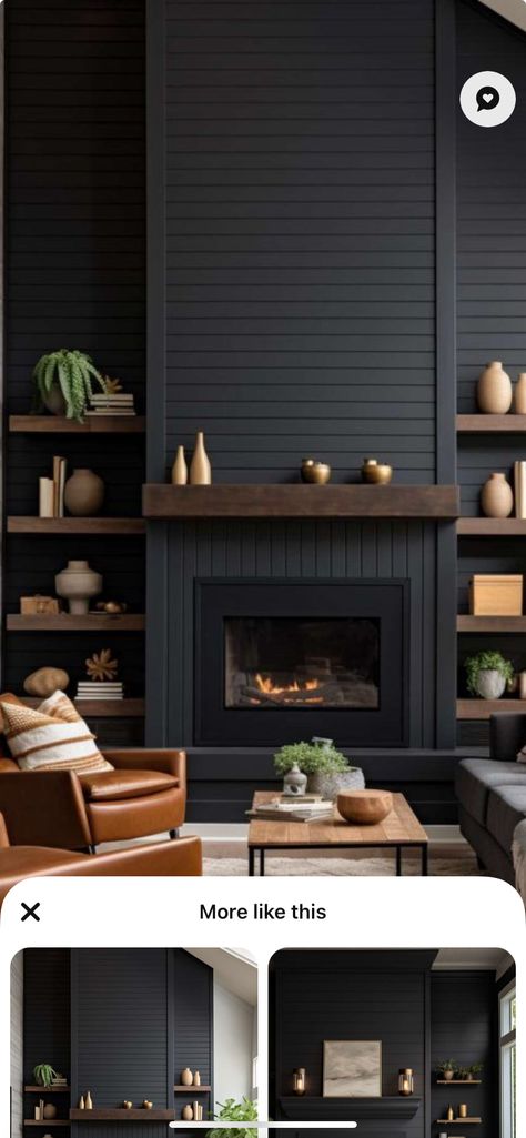 Black Accent Wall With Built Ins, Black Fireplace And Bookshelves, Black Fireplace With Built Ins, Living Room Black Wall, Black Fireplace Wall, Dark Walls Living Room, Black Bookshelves, Fireplace Accent Walls, Bedroom Bookshelves