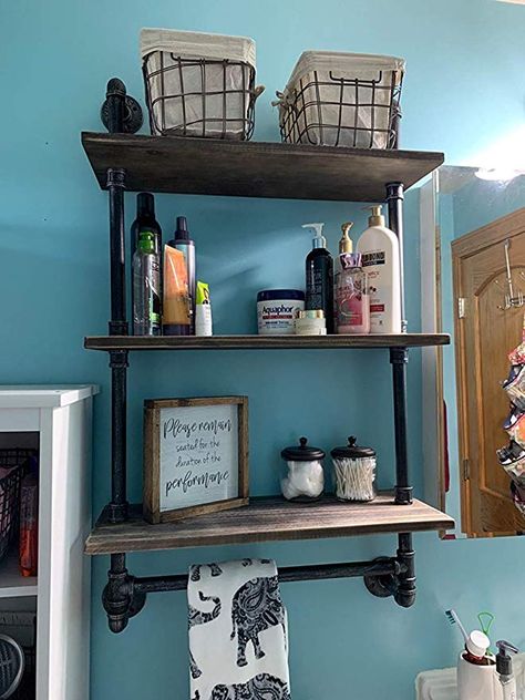 Farmhouse Towel Rack, Distressed Shelf, Rustic Wood Shelf, Wooden Bathroom Shelves, Iron Pipe Shelves, Bathroom Wood Shelves, Shelf With Towel Bar, Pipe Shelving, Shelves Over Toilet