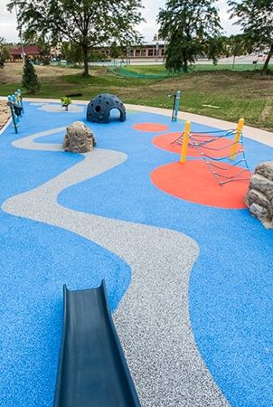 PebbleFlex® Playground Safety Surfacing Playground Flooring Ideas, Playground Flooring Outdoor, Rubber Playground Flooring, Outside Playground, Church Playground, Playgrounds Architecture, Preschool Playground, Playground Landscaping, Playground Surface