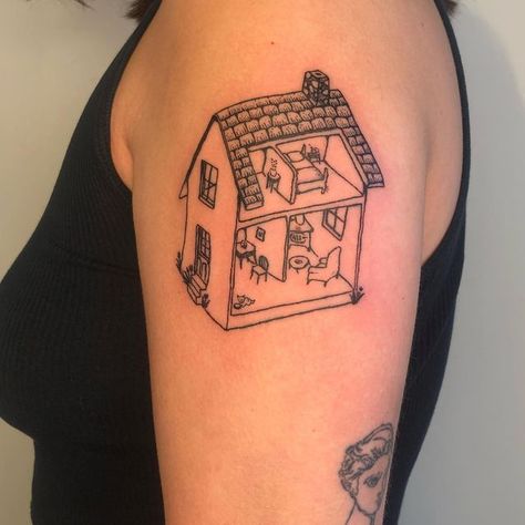 Aesthetic Tattoo Ideas, House Tattoo, Custom Dollhouse, 20 Aesthetic, Tattoo People, Line Work Tattoo, Home Tattoo, Aesthetic Tattoo, Family Tattoos