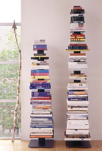 Great idea for a small space like mine. Spine Bookcase, Spine Bookshelf, Sapien Bookcase, Vertical Bookshelf, Creative Bookcases, Stacks Of Books, Book Tower, Better Homes And Gardens Magazine, Beautiful Bookshelf